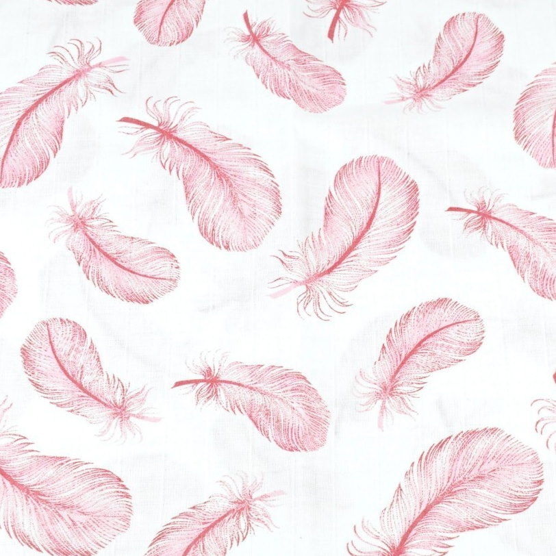 Bavlněná tetra mušelínová zavinovačka/osuška/deka 110x110cm PREMIUM - Růžová pírka na bílé