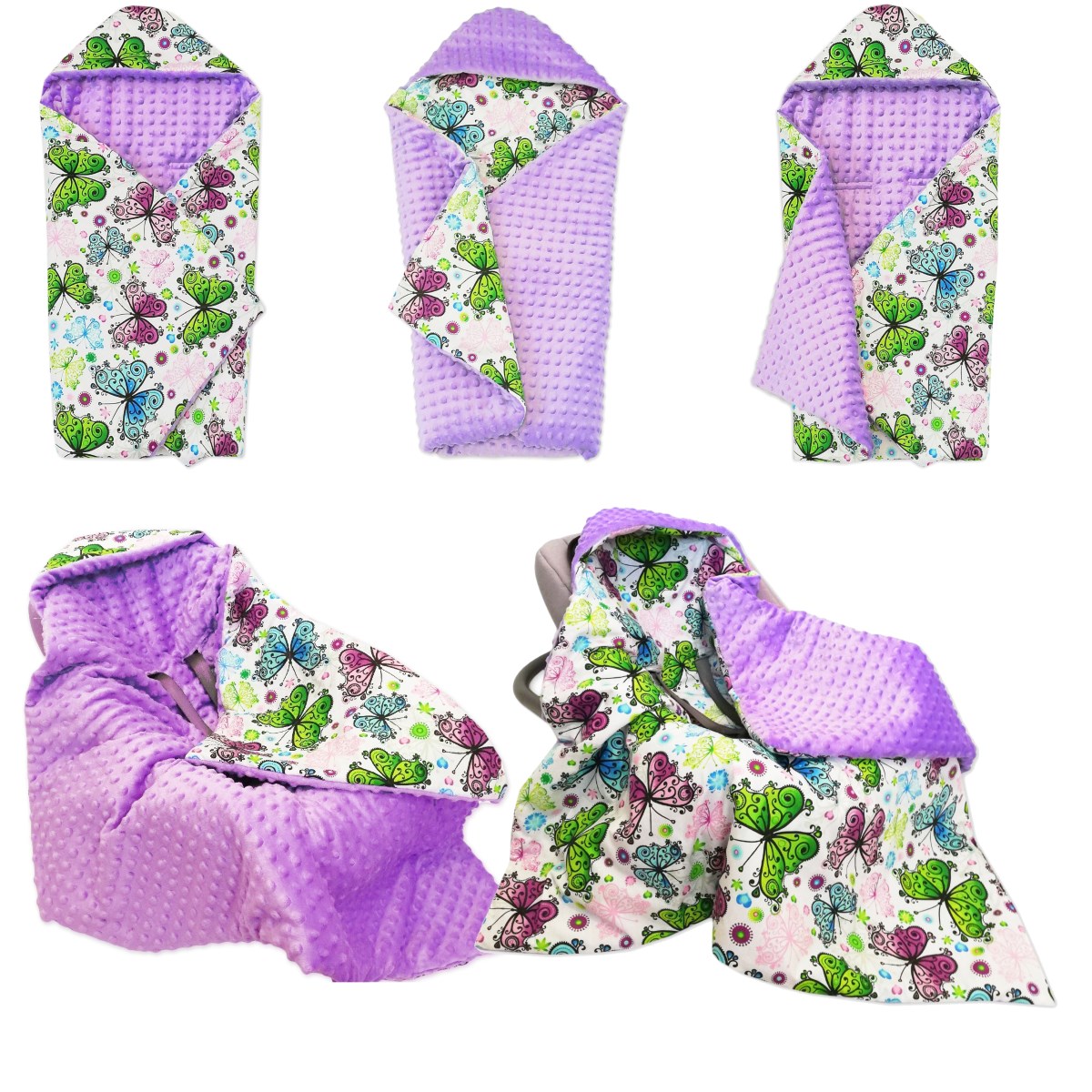 Oboustranná zavinovačka do autosedačky MINKY - COLOR BUTTERFLY na bílé/levandulové MINKY