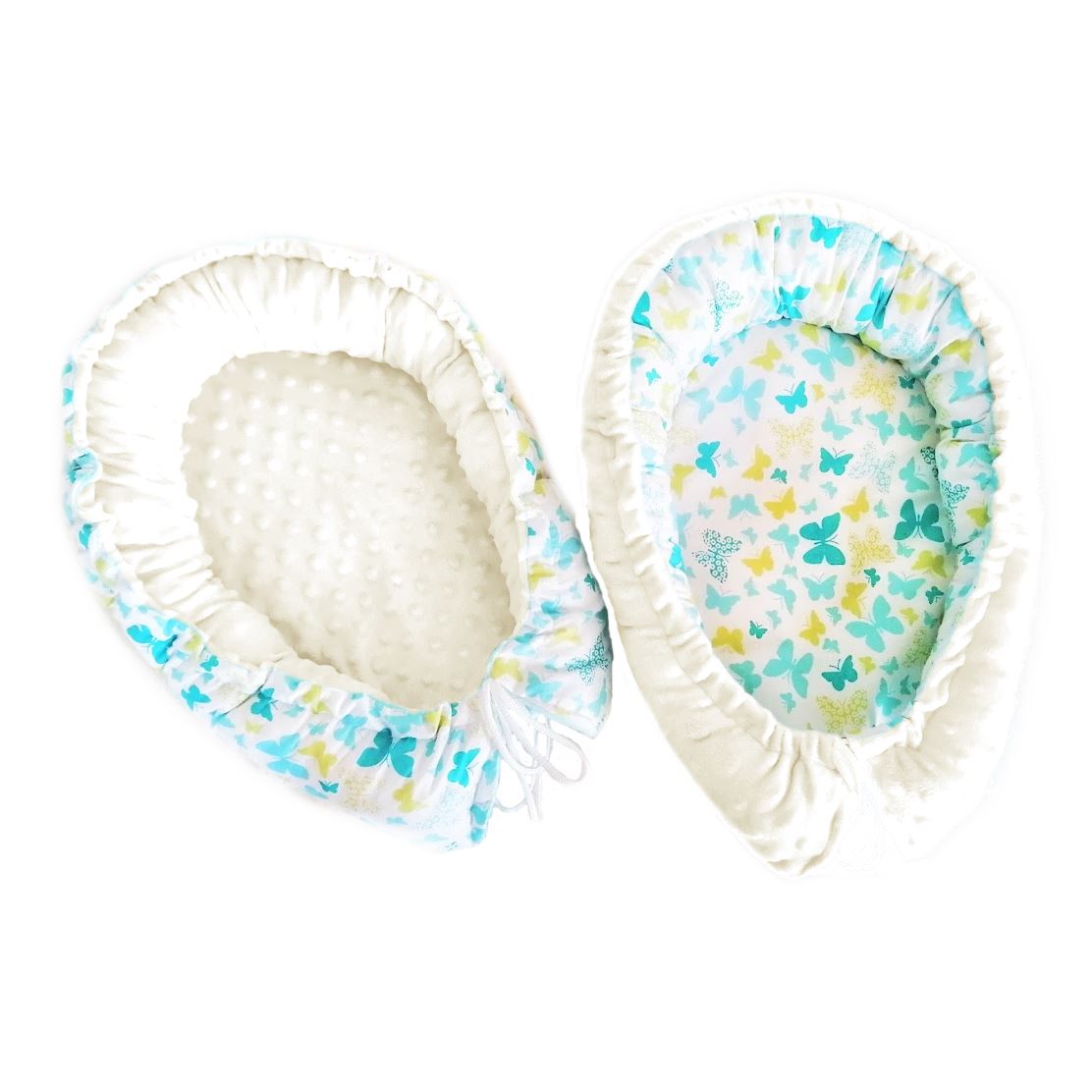Babylife Hnízdečko pro panenku velikosti 40-45cm - krémové MINKY/modří-žlutí motýlci