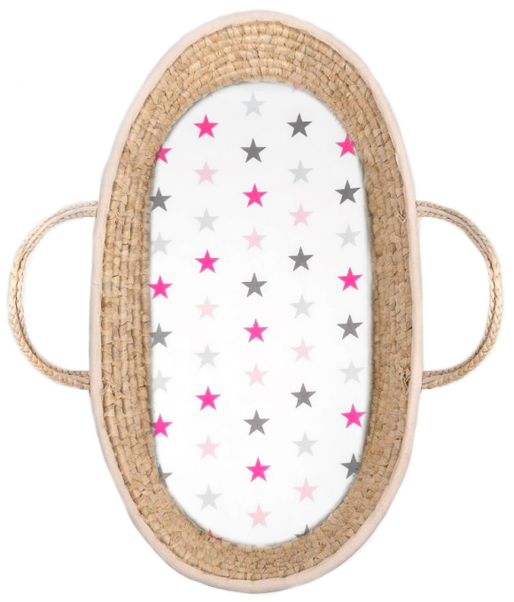 Plátěné prostěradlo do kočárku nebo košíku - bílé potisk růžové šedé hvězdy