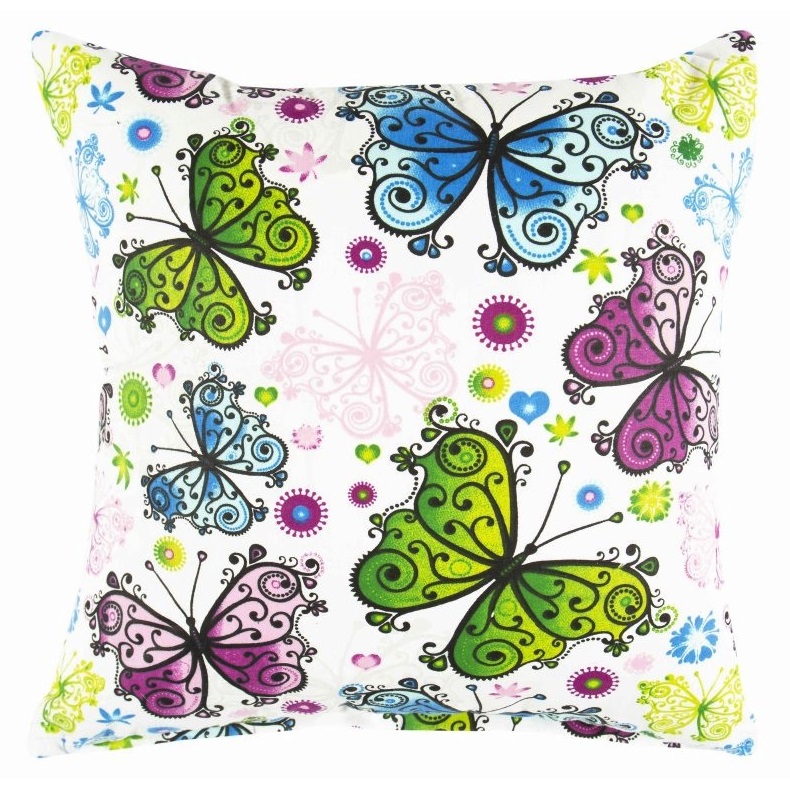 Dekorační bavlněný polštářek s výplní 35x35cm - COLOR BUTTERFLY na bílé
