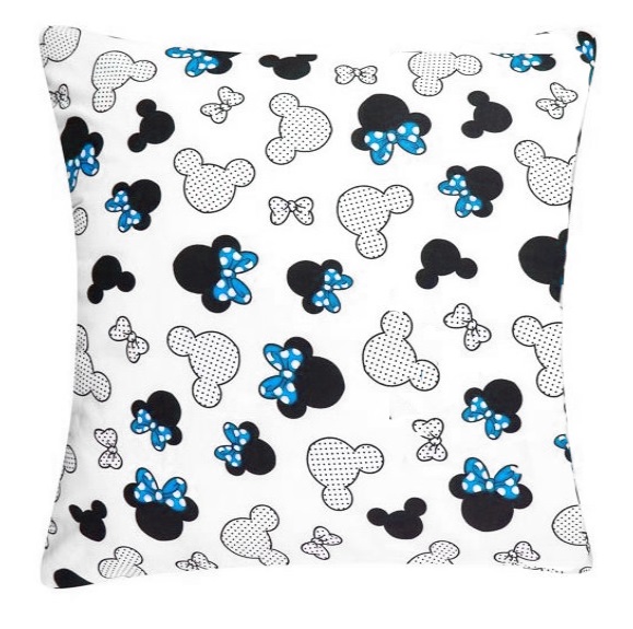 Dekorační bavlněný polštářek s výplní 35x35cm - bílý potisk Minnie aqua mašličky