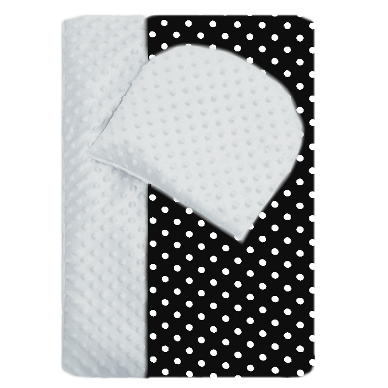 Komplet do kočárku - MINKY světloulince šedé/Bílé puntíky na černé (1cm)
