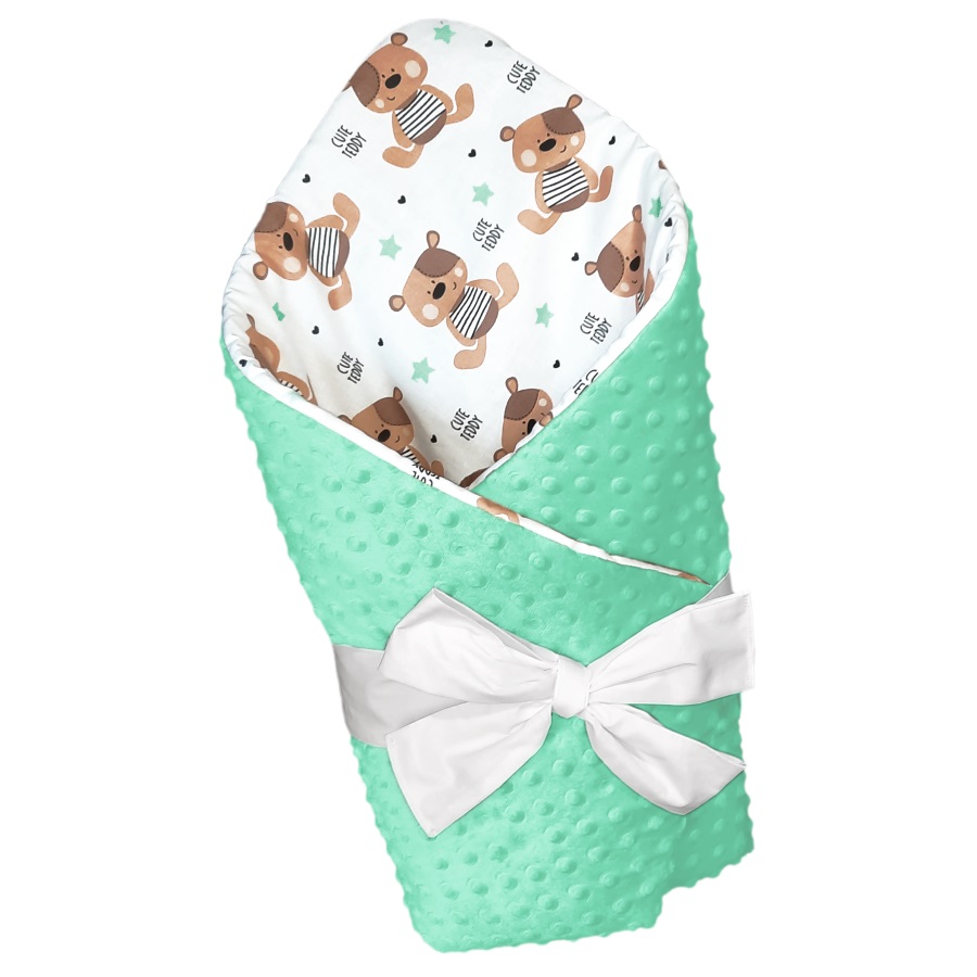 Oboustranná rychlozavinovačka/deka MINKY mintové/bavlna potisk Méďa Cute Bear na bílé