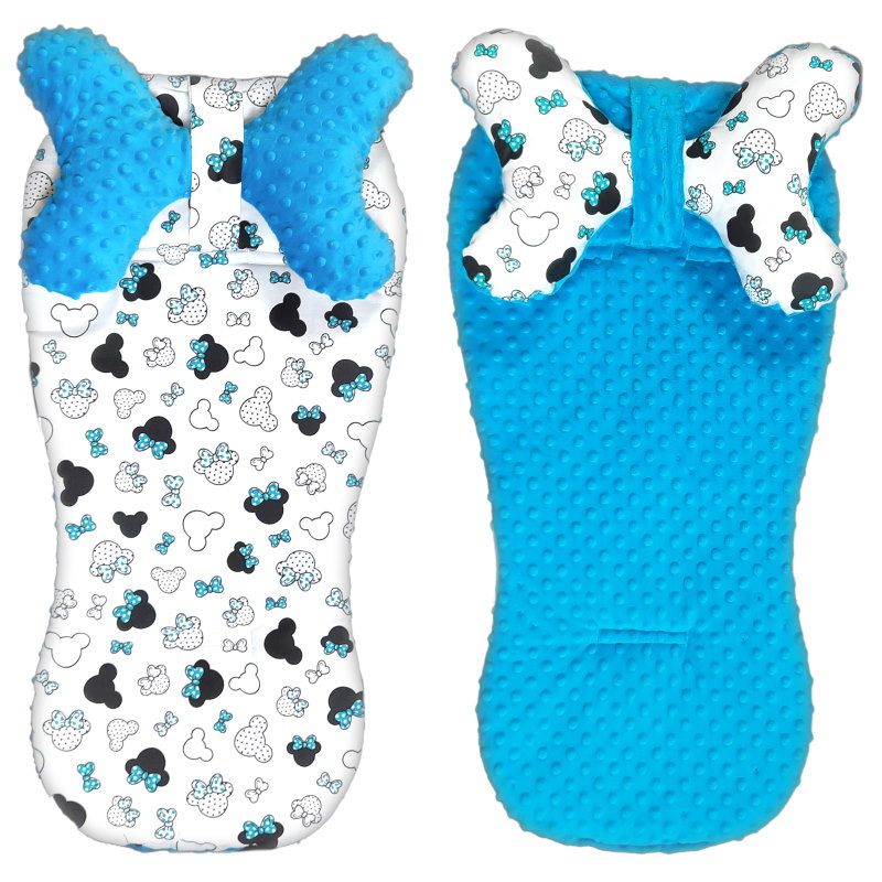 Oboustranná podložka do kočárku s polštářkem ve tvaru motýlka MINKY/Bavlna - Aqua modrá/potisk Minnie aqua modré mašličky na bílé