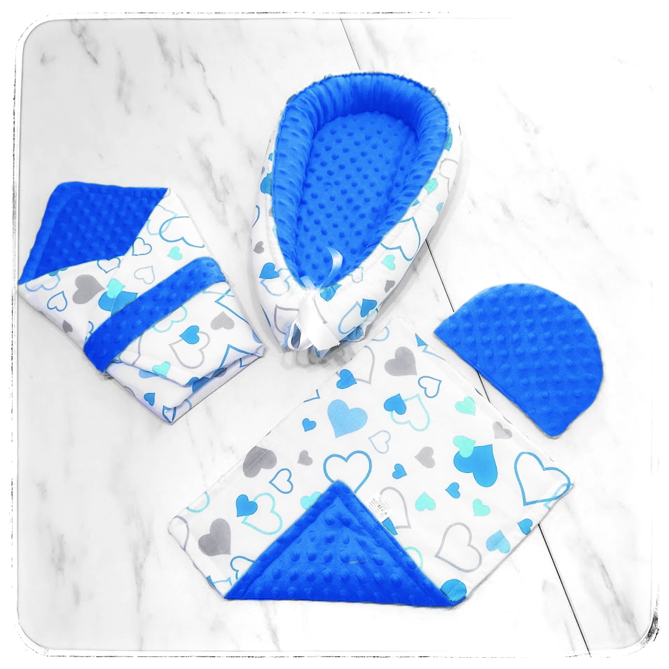 Set pro panenku do 35cm (oboustranné hnízdečko, rychlozavinovačky komplet do kočárku) - modré minky / BA potisk modrá srdíčka