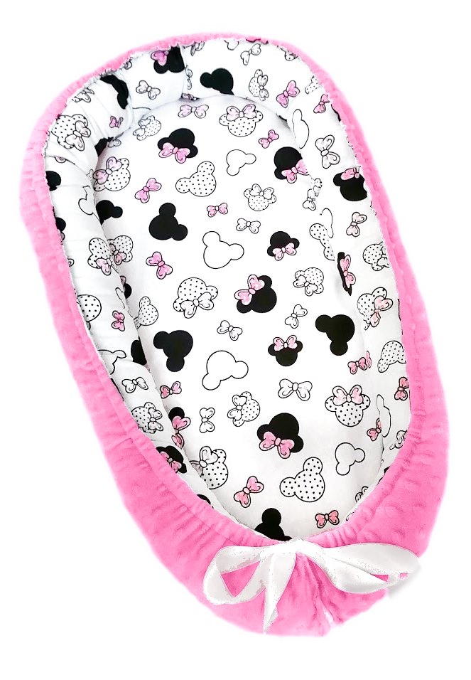 Hnízdečko pro panenku do velikosti 40cm - candy pink MINKY/bavlna Minnie růžové mašličky na bílé
