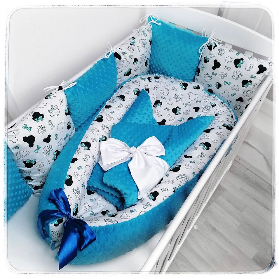 3 dílný set do postýlky (hnízdečko, rychlozavinovačka, polštářkový mantinel) - Minnie aqua modré mašličky na bílé/minky aqua modré