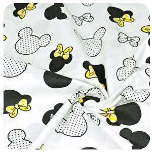 Metráž 100% bavlna plátno 10 cm - Minnie žluté mašličky na bílé (velké)