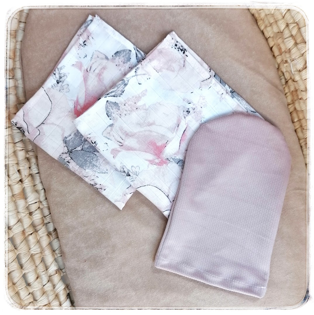 Set bavlněných tetra mušelínových pleneček (2ks) + Velvet žínka (1ks) - Divoká růže/Dirty Pink