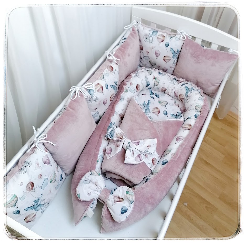 3 dílný set do postýlky BAVLNA PREMIUM (hnízdečko, rychlozavinovačka, polštářkový mantinel) - MINKY SMOOTH Old Rose/bavlna Sloníci (starorůžová)