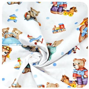 Plátěné prostěradlo do postýlky 120x60 cm s gumičkou - Barevný Teddy a hračky na bílé