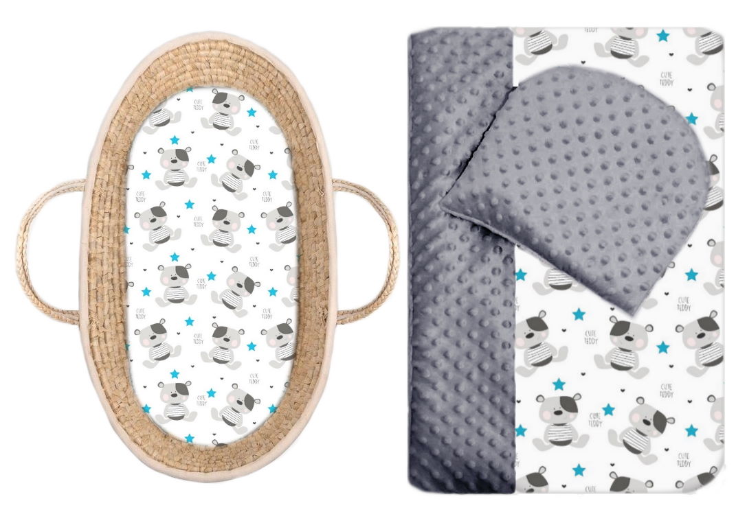 Set do kočárku - prostěradlo + komplet do kočárku - MINKY tmavě šedé/bavlna Cute Bear modrý