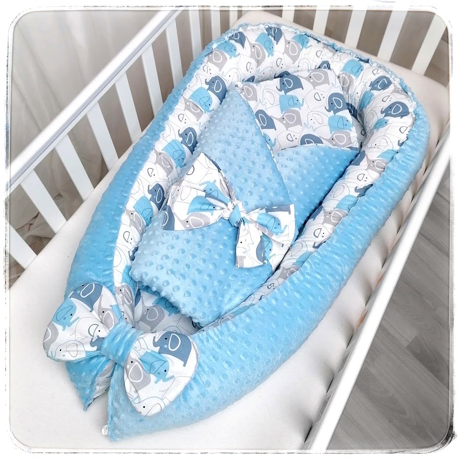 2 dílný set do postýlky (hnízdečko, rychlozavinovačka) - Modří šedí sloníci/minky DOTS light blue