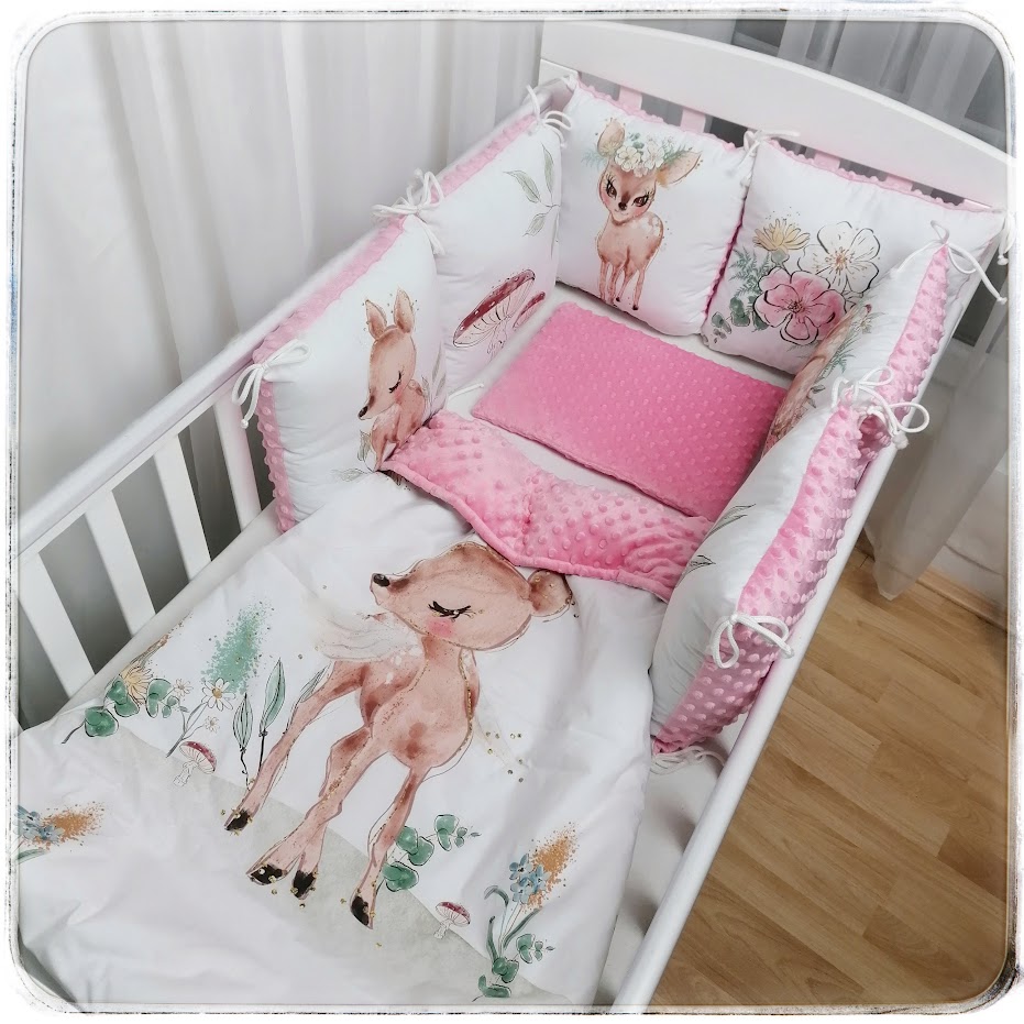 2 dílný set do postýlky (deka s polštářkem, polštářkový mantinel) - Deer/minky DOTS Light Pink