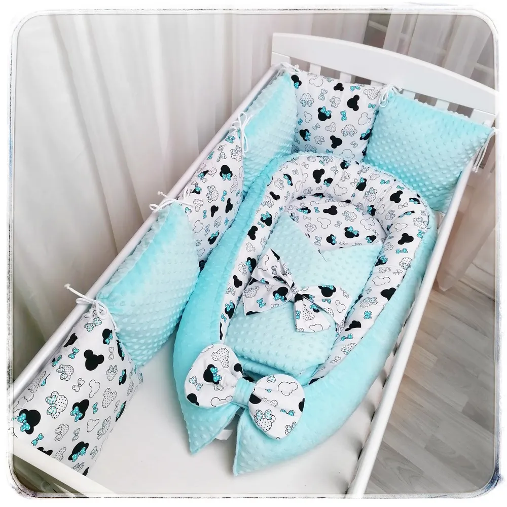 3 dílný set do postýlky (hnízdečko, rychlozavinovačka, polštářkový mantinel) - MINKY Iceberg Blue/Minnie aqua mašličky