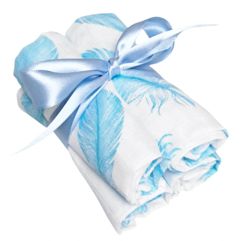 Bavlněné tetra mušelínové plenečky/utěráčky 35x35cm 4ks PREMIUM - Aqua modrá pírka na bílé