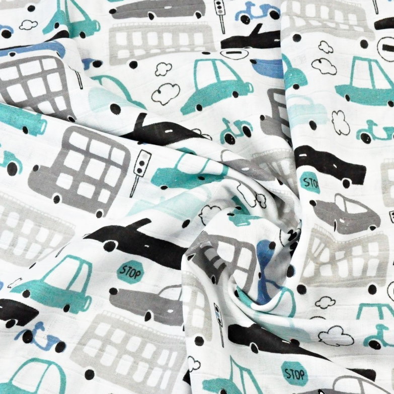 Mušelínová tetra osuška PREMIUM - Autíčka modrá, šedá, zelená