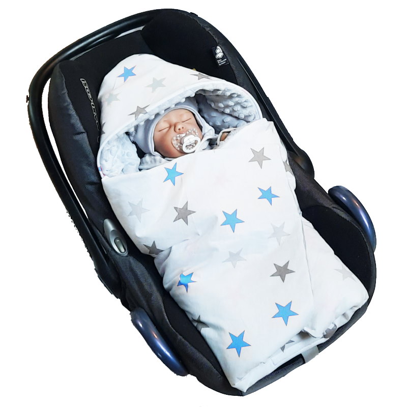 Oboustranná zavinovačka do autosedačky s kapuckou MINKY - Modré šedé hvězdy na bílé/světle šedé MINKY
