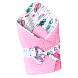 Oboustranná rychlozavinovačka/deka MINKY světle růžové/bílá pírka růžová zelená