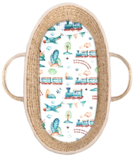 Plátěné prostěradlo do kočárku nebo košíku - bílé potisk vláčky