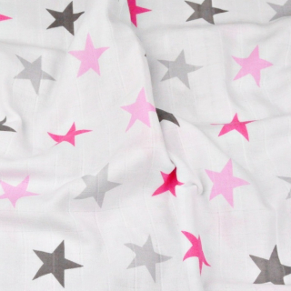 Bavlněná tetra mušelínová zavinovačka/osuška/deka 120x120cm PREMIUM - Růžové šedé hvězdy na bílé
