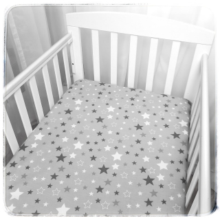 Plátěné prostěradlo do postýlky 120x60 cm s gumičkou - Bílé šedé hvězdy na šedé