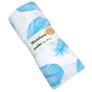 Mušelínová tetra osuška PREMIUM - Aqua modrá pírka na bílé