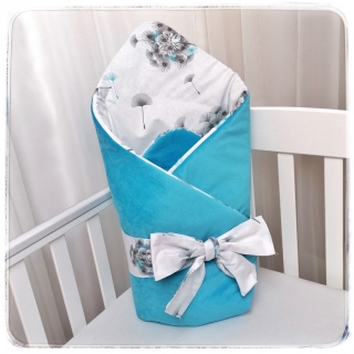 Oboustranná rychlozavinovačka/deka VELVET - Pampelišky šedé aqua modré (velké)/VELVET aqua modrý