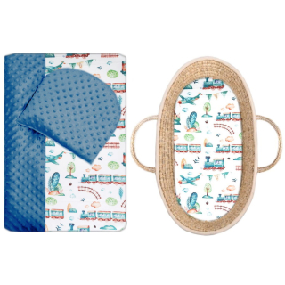 Set do kočárku - prostěradlo + komplet do kočárku - MINKY DOTS niagara blue/bavlna Vláčky hnědé tyrkys na bílé
