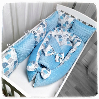 3 dílný set do postýlky (hnízdečko, rychlozavinovačka, polštářkový mantinel) - Modří šedí sloníci/minky světle modré