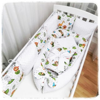 4 dílný set do postýlky (hnízdečko, rychlozavinovačka, polštářkový mantinel, kapsář) - Zvířátka v ZOO na bílé/minky Dots White