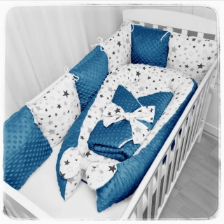 3 dílný set do postýlky (hnízdečko, rychlozavinovačka, polštářkový mantinel) - potisk šedé hvězdy na bílé/MINKY DOTS Niagara
