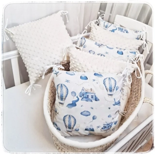 Polštářkový mantinel do postýlky - 3x krémové (Pristine) MINKY, 3x  Modré béžové letadla a balóny BA