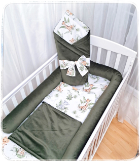 4 dílný set do postýlky (mantinel, rychlozavinovačka, deka, prostěradlo) - MINKY VELVET Witer moss/bavlna Zvířátka na listech