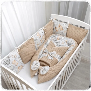 3 dílný set do postýlky (hnízdečko, rychlozavinovačka, polštářkový mantinel) - MINKY Béžové/bavlna Zebry, lvíčci a sloníci (velké postavičky)