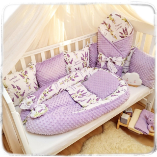 4 dílný set do postýlky (hnízdečko, rychlozavinovačka, komplet dečky a polštářku, polštářkový mantinel) - MINKY Lilac/bavlna levandule