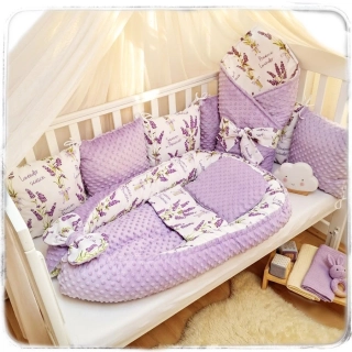 4 dílný set do postýlky (hnízdečko, rychlozavinovačka, komplet dečky a polštářku, polštářkový mantinel) - MINKY Lilac/bavlna levandule